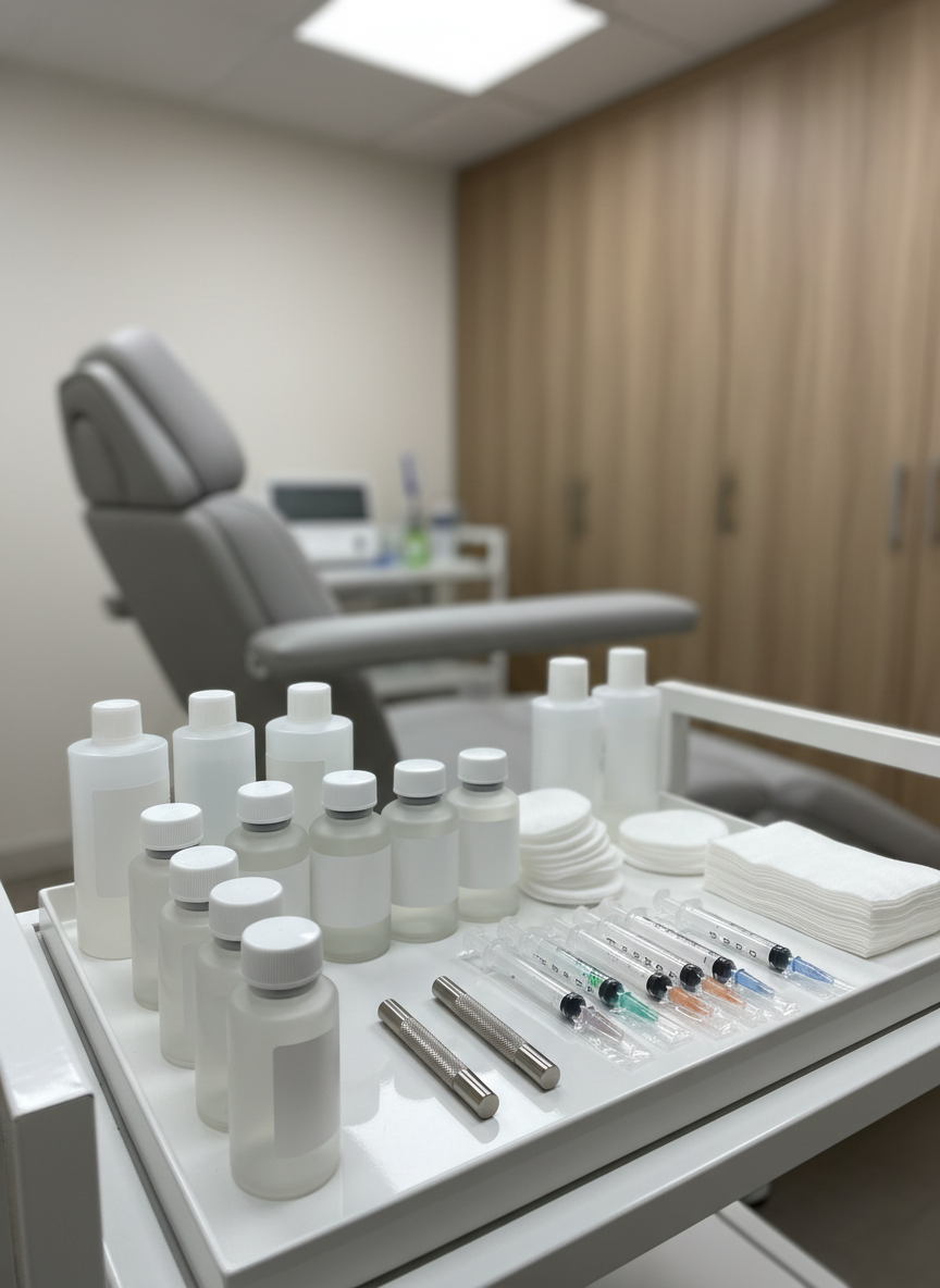 A meticulous dermatology treatment setup in a procedure room, captured in close-up photographic realism. In the center, a glossy white tray on a mobile trolley holds an array of neatly aligned, unlabeled bottles in frosted glass and medical-grade plastic, alongside sealed syringes with colored safety caps, cotton rounds, and sterile gauze, all arranged with geometric precision. The background is softly blurred, revealing a reclining treatment chair in pale gray eco-leather and built-in cabinetry in warm light wood. Overhead LED panel lighting provides bright, shadow-free illumination, highlighting the textures and subtle reflections on metallic instrument handles. The mood is calm, clinical, and reassuring, emphasizing safety and professionalism. The composition uses a shallow depth of field and a slightly angled view to draw attention to the orderly, hygienic arrangement without showing any human presence.