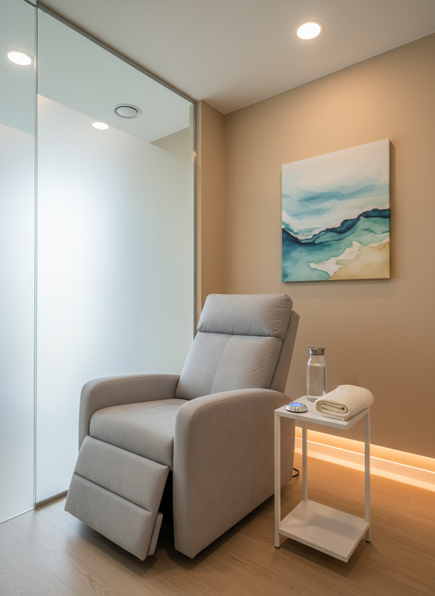A dedicated post-procedure recovery nook inside a Busan plastic surgery clinic, portrayed in detailed photographic realism. A single, adjustable reclining chair with plush, pale gray upholstery sits near a frosted glass partition that allows in soft natural light while maintaining privacy. A lightweight, movable side table holds a covered glass of water, a neatly folded light blanket, and a discrete call button device. The walls are painted in soothing warm neutrals, accented by a single abstract artwork in muted blues and greens that hints at Busan’s coastal scenery without recognizable landmarks. Recessed ceiling lighting and an indirect LED strip along the baseboard create a gentle, cocoon-like glow. Captured at eye level with a slightly wide frame, the composition communicates safety, comfort, and professional aftercare without showing any patients or staff.