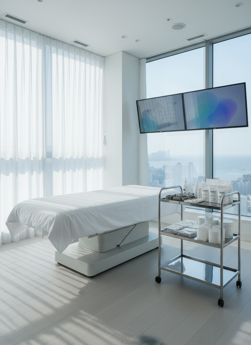A bright, modern plastic surgery and dermatology consultation room in a Busan clinic, captured in photographic realism. A sleek white examination bed with crisp, perfectly smoothed sheets sits slightly off-center, beside a minimalist stainless-steel cart neatly arranged with closed, labeled containers, sealed instruments, and cotton pads. Floor-to-ceiling windows reveal a softly blurred hint of Busan’s coastal skyline, while sheer white curtains diffuse natural afternoon light, casting gentle shadows across pale wood flooring. Wall-mounted monitors display abstract, non-figurative diagrams and soft gradient colors instead of faces or text. Shot at eye level with a wide-angle lens, the composition emphasizes cleanliness, professionalism, and privacy in a calm, welcoming atmosphere, with a cool, neutral color palette and subtle reflections on polished surfaces.