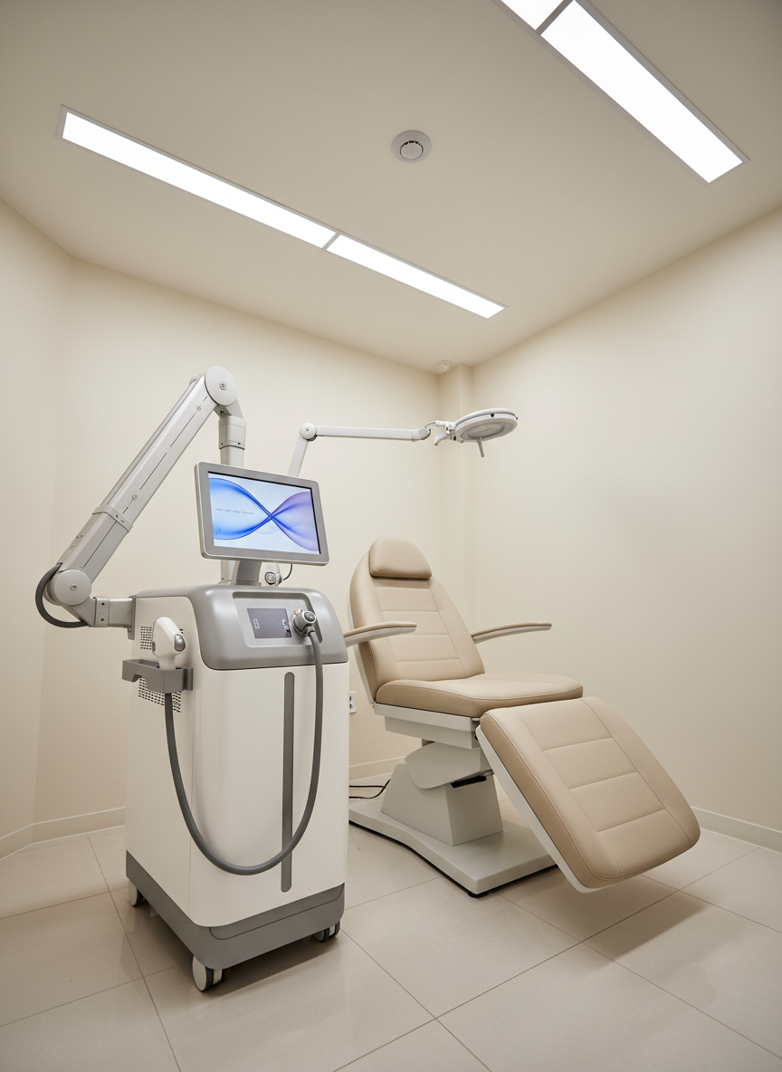 A high-tech laser treatment room in a Busan dermatology and plastic surgery clinic, shown in crisp photographic realism. The focus is a state-of-the-art laser device with a matte white body, subtle gray accents, and a flexible articulated arm ending in a precision handpiece resting securely in its cradle. A large, tiltable touchscreen displays abstract graphs and soft gradients with no readable text. The device stands beside an empty, reclined treatment chair, perfectly upholstered in smooth, light beige material. Cool, even LED ceiling lights and a wall-mounted task light create a bright yet comfortable environment, with soft shadows along the walls painted in warm off-white. The composition is shot from a low, slightly diagonal angle to emphasize the advanced technology, while maintaining a calm, reassuring, and hygienic clinical mood suitable for showcasing non-invasive procedures.