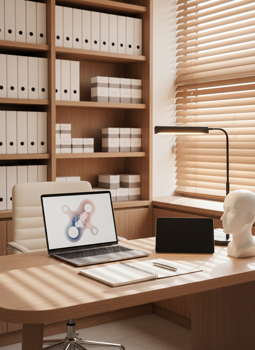 A consultation desk in a plastic surgery and dermatology clinic’s private office, executed in photographic realism. A smooth, light-wood desk with rounded edges holds a thin, open laptop displaying an abstract, softly colored anatomical diagram with no faces or text, alongside a digital tablet, a blank notepad, and a sleek, capped pen aligned with care. A model of a generic, stylized human profile without detailed facial features sits on one corner, subtly suggesting aesthetic planning while preserving anonymity. Behind the desk, tall shelves hold organized binders with blank spines and neatly arranged, unlabeled product boxes. Soft daylight filters through horizontal blinds, combined with warm desk-lamp lighting that creates focused highlights and gentle shadows. Shot from a seated, eye-level perspective, the composition feels confidential, professional, and approachable, ideal for visualizing thoughtful, individualized treatment planning.