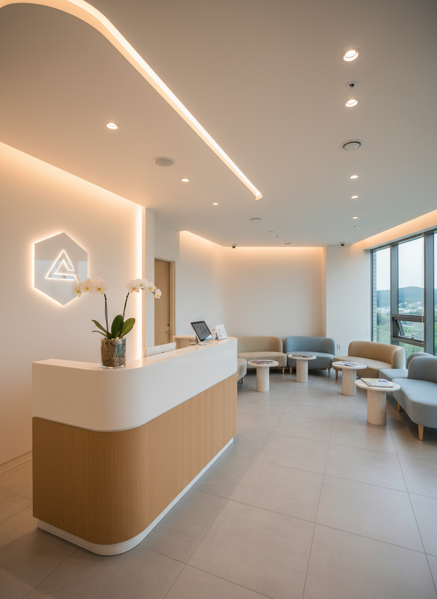 A serene reception area of a Busan plastic surgery and dermatology clinic, shown in clean photographic detail. A curved, matte-white reception desk with a light wood accent panel anchors the foreground, its surface clear except for a small digital check-in screen and a simple glass vase holding white orchids. Behind the desk, a softly illuminated wall feature suggests an abstract clinic emblem without readable text. Plush, upholstered chairs in varied muted tones form a semi-circle in the background, separated by small side tables with neatly stacked, blank-cover magazines. Warm ceiling spotlights and concealed cove lighting create a soft, even glow, enhancing the airy, professional mood. Shot from a slightly elevated angle using the rule of thirds, the composition highlights accessibility, discretion, and comfort while maintaining a sophisticated, modern aesthetic.