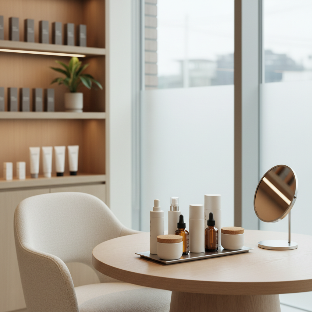 A luxurious yet understated skin care consultation corner inside a Busan aesthetic clinic, rendered in photographic realism. A round, light-wood table stands near a large window with a frosted lower half for privacy, diffusing soft overcast daylight across the space. On the table, a neatly arranged selection of high-end, unlabeled skincare containers in various shapes—airless pumps, glass dropper bottles, and ceramic jars—sit on a slim metal tray beside a small mirror with a thin brushed-aluminum frame angled toward an empty, ergonomically curved chair. The background shows a softly blurred built-in shelving unit with evenly spaced, color-coordinated products and a single potted plant adding a hint of green. Captured at an eye-level, three-quarter angle, the scene feels welcoming, inclusive, and aspirational, with a gentle, spa-like atmosphere that complements the clinic’s professional character.